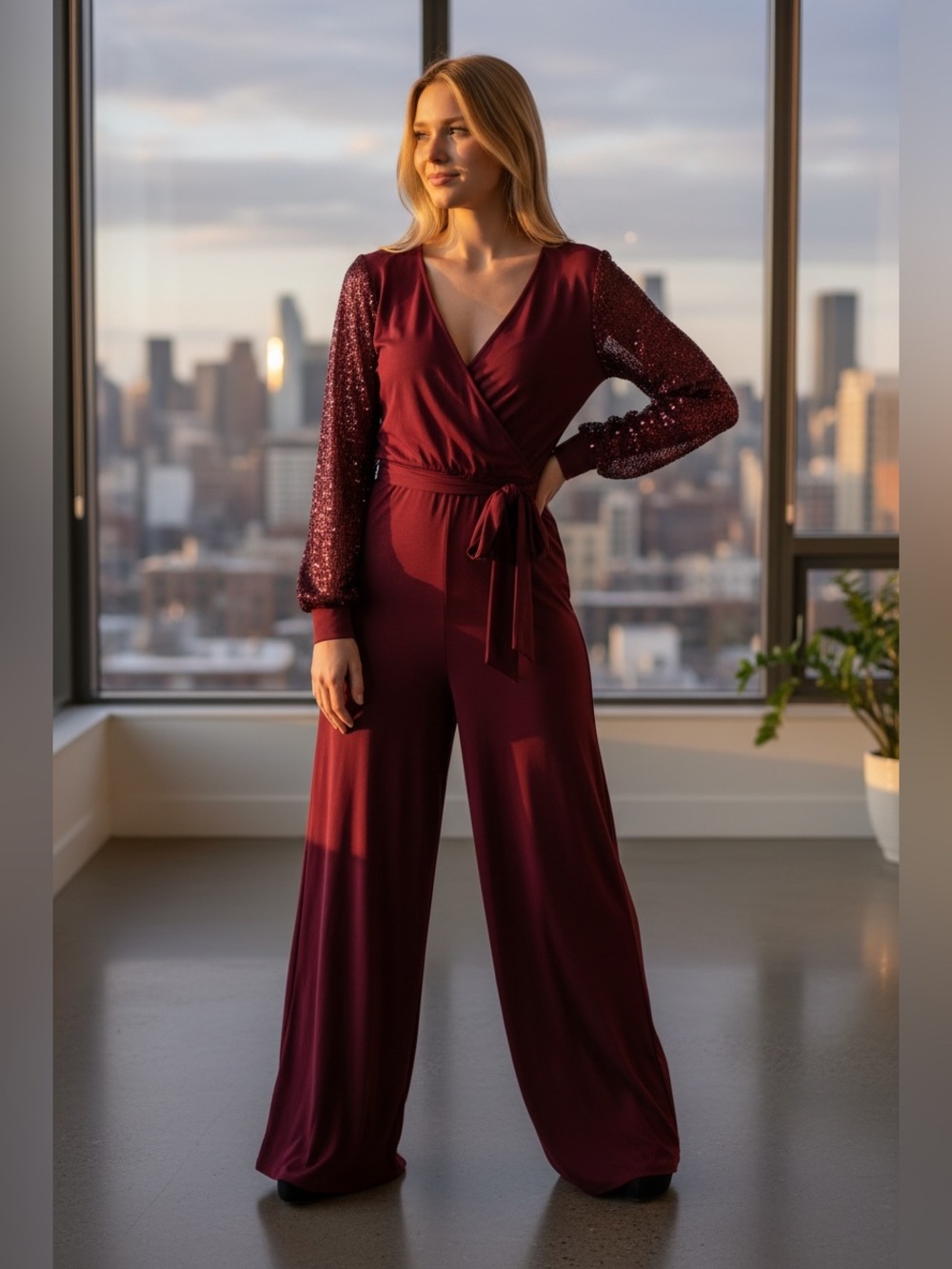 Accent Burgundy Sequin Sleeve Jumpsuit – Size L – NWT